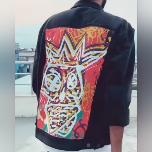 Mens Black Denim King Graffiti Jean Jacket NWT Artwork on Back - Picture 10 of 11